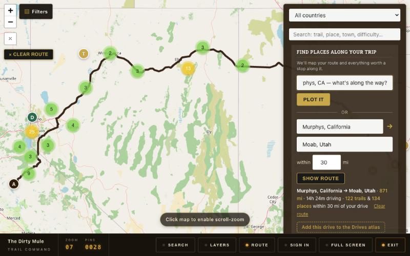 Plan a drive — Plotting Murphys → Moab — 122 trails along the way